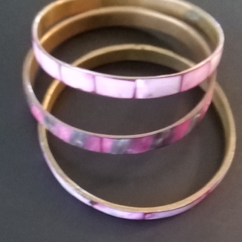 Pink Shell Inlay  Brass Bangle Bracelet Set - Women Jewelry